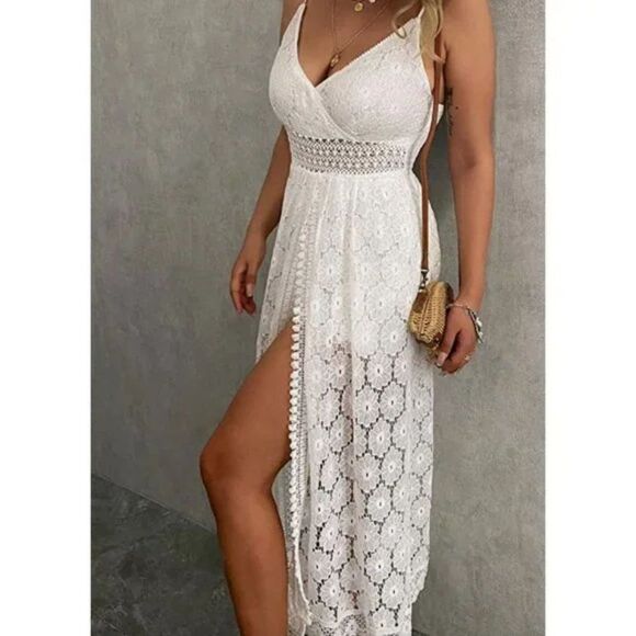 Boho White Lace Cut Out Hi-Low Split V-Neck Sleeveless Flowy Jumpsuit Maxi Dress - Picture 6 of 8